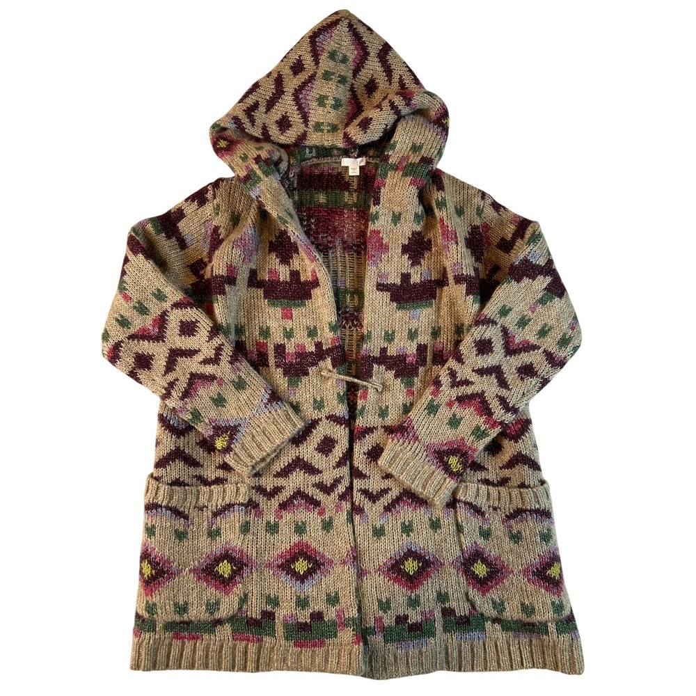 J Jill Southwestern Fair Isle Hooded Toggle Cardigan Sweater Women Petite S